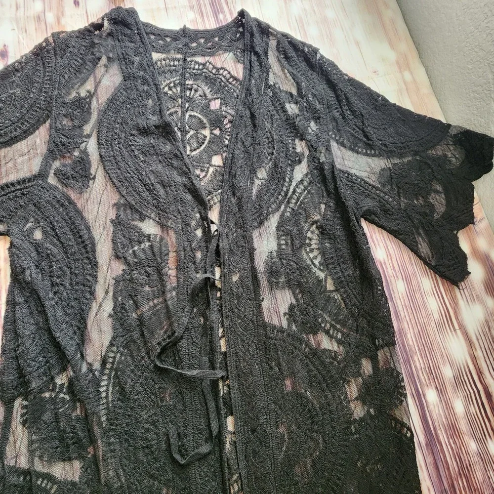 Black Lace Cardigan Mesh Open Front Witchy Whimsigoth Dark Fairy Beach Coverup M - Picture 4 of 7